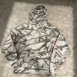 White Camo Pacsun Hoodie with Pink Writing on Sleeves